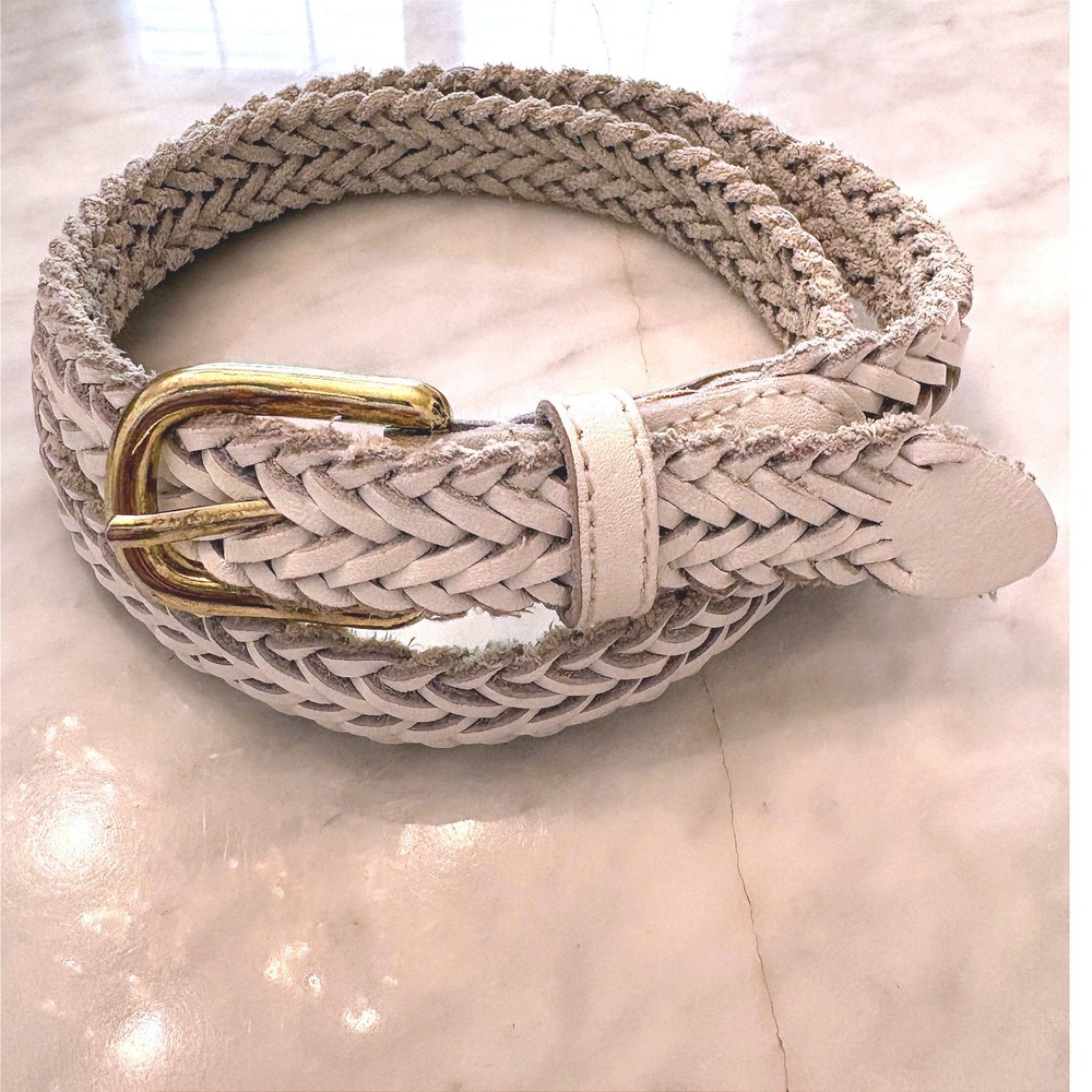 Braided White Leather Belt Gold Tone‎ Buckle Woven Boho Medium M Women